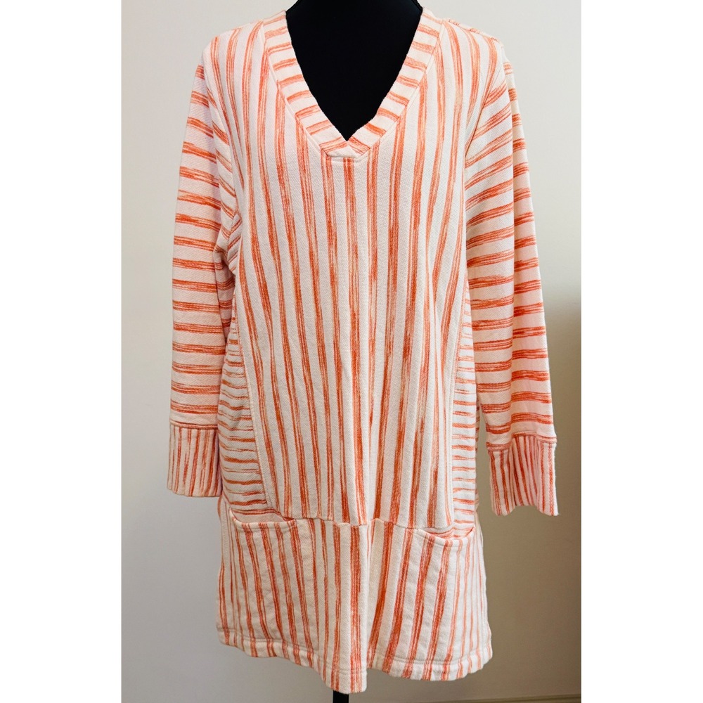 Soft Surroundings Briza Striped Tunic Top Large Orange White Terry Pocket V-Neck